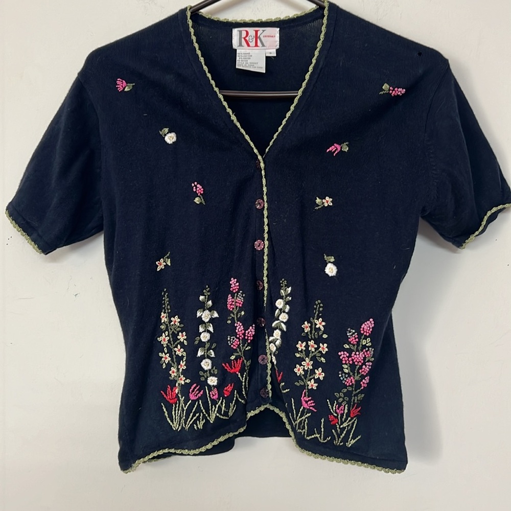 🌞 R & K Originals dark blue embroidered floral bling cardigan sweater women 8